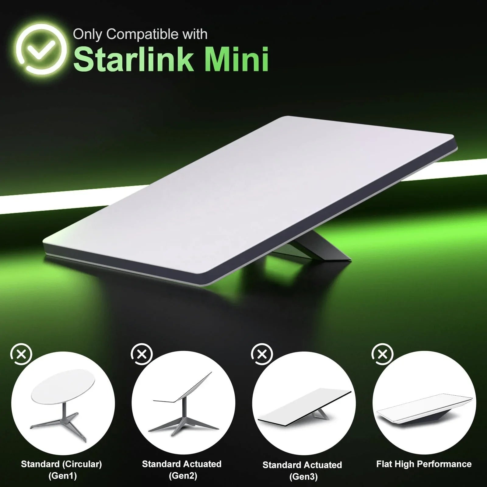 Starlink Mini compatible mounting stand, sleek white design with green glow, not for Gen1, Gen2, Gen3, or Flat High Performance