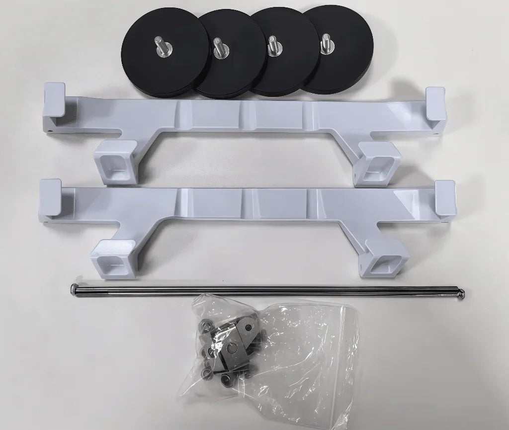 Starlink mounting kit with white brackets, black base plates, pole, and hardware for Mini, Standard, Gen 3, Flat High Performance