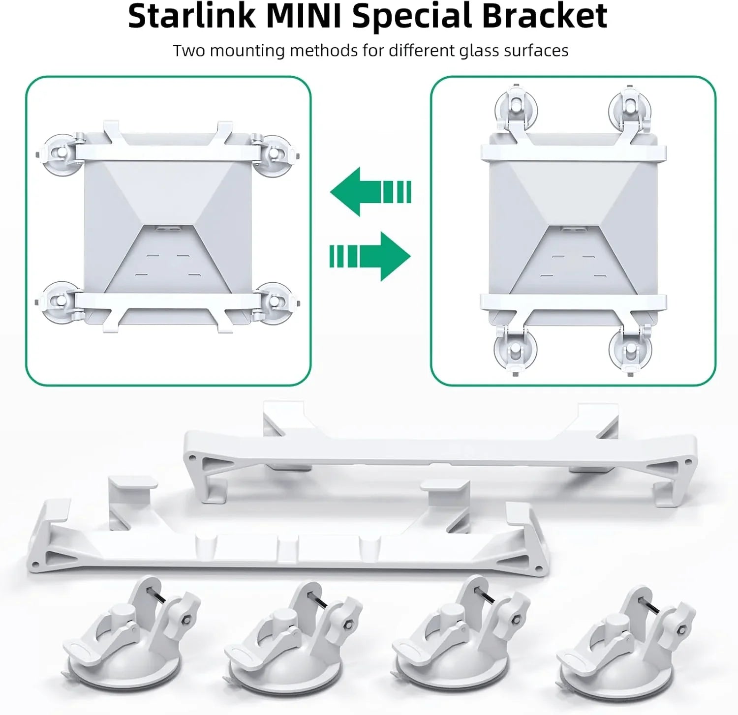 Starlink Mini special bracket with dual mounting options for glass surfaces, includes suction cups and hardware