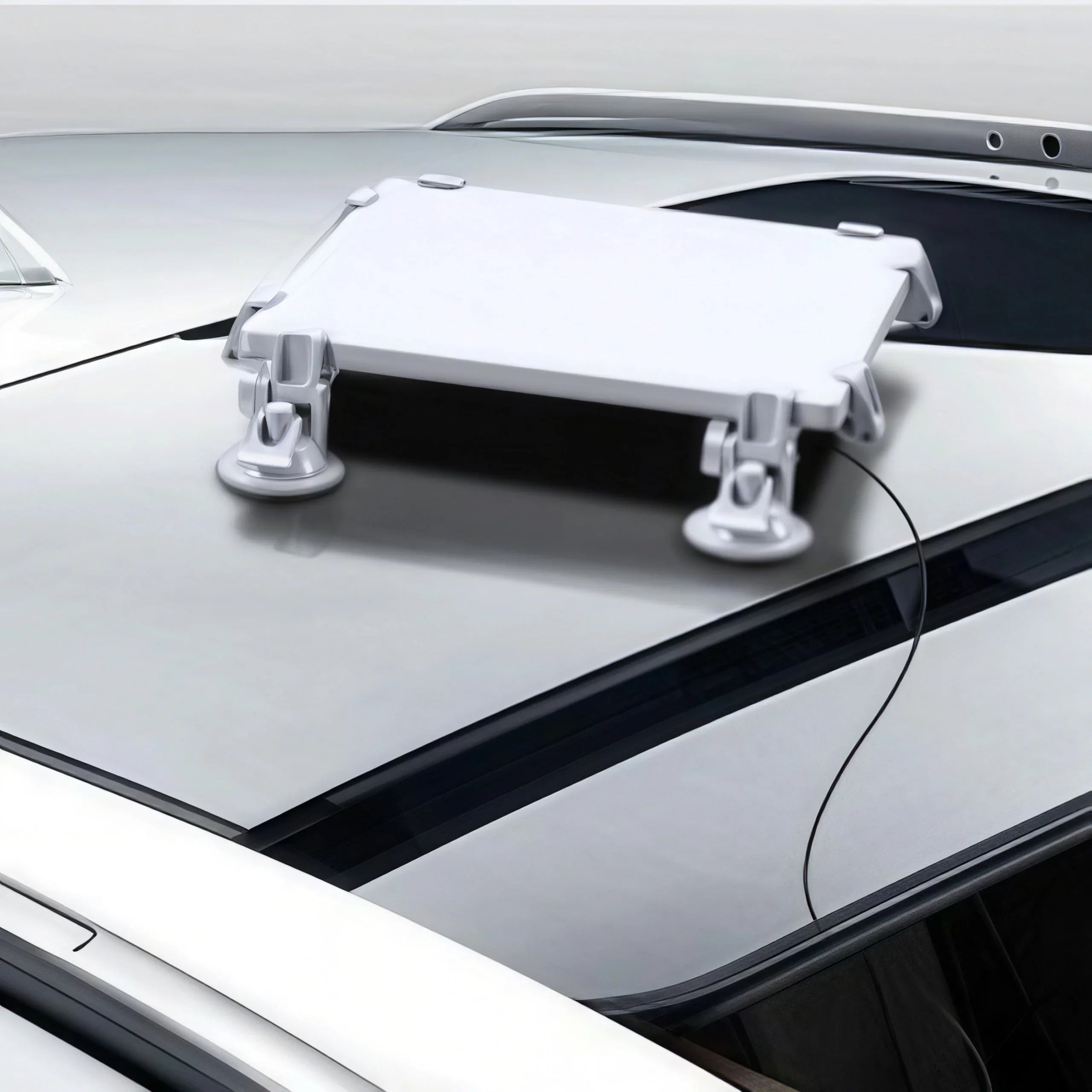 White Starlink Gen 3 mount with suction cups on car roof, cable connected