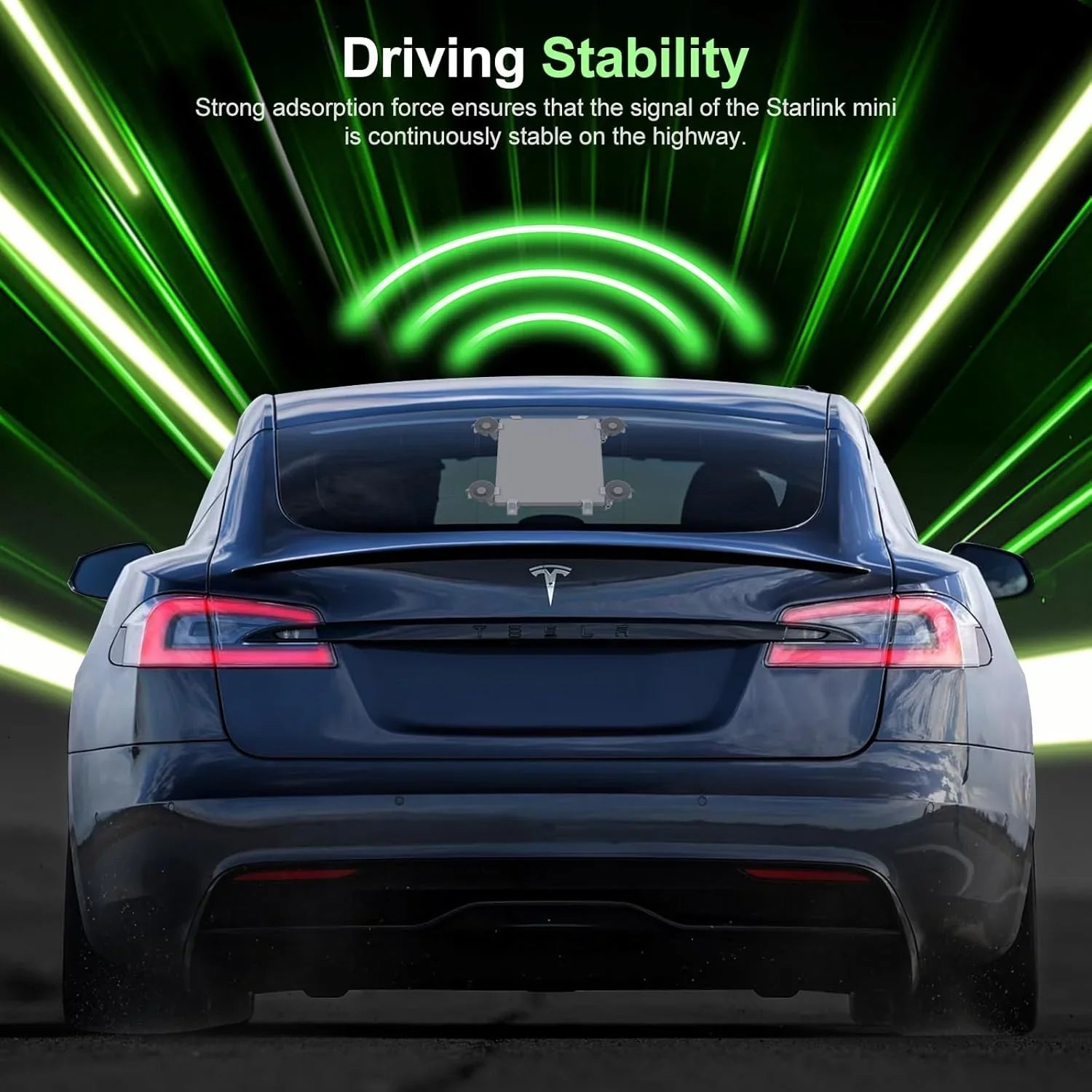 Starlink Mini mounted on Tesla rear window for stable highway driving signal