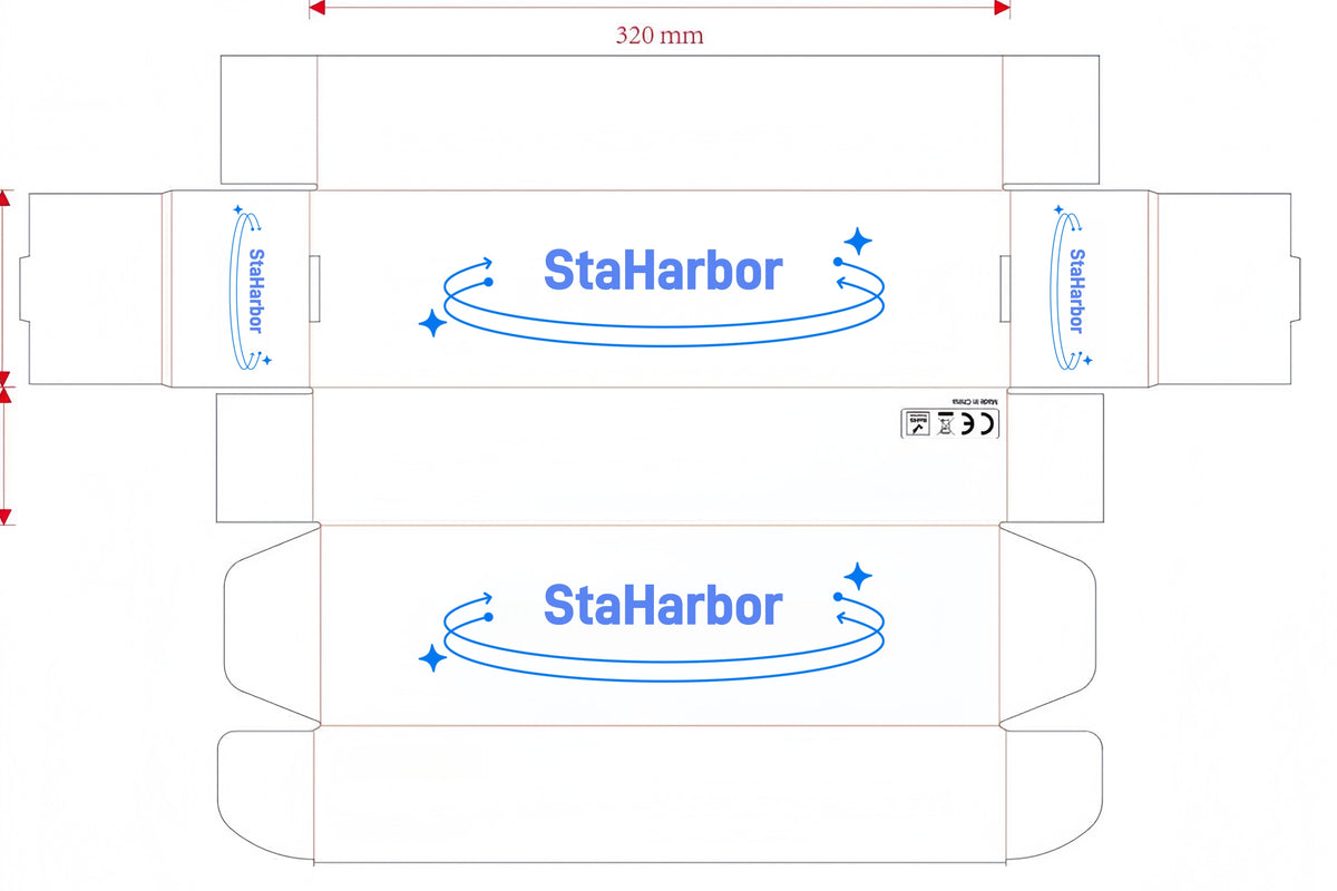 SatHarbor retail packaging dieline with fold lines and a 320 mm dimension annotation