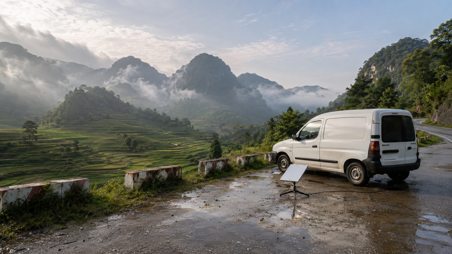Portable satellite internet terminal beside a parked van overlooking terraced mountains in Vietnam