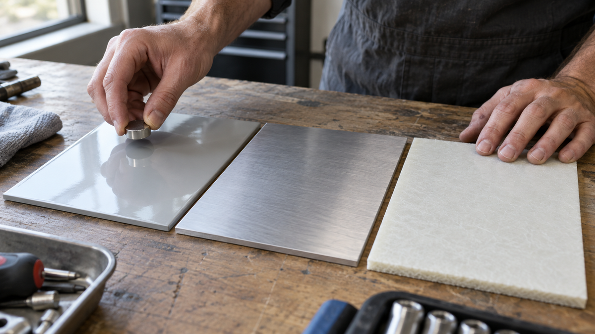 Technician testing painted steel beside aluminum and fiberglass samples on a workshop bench