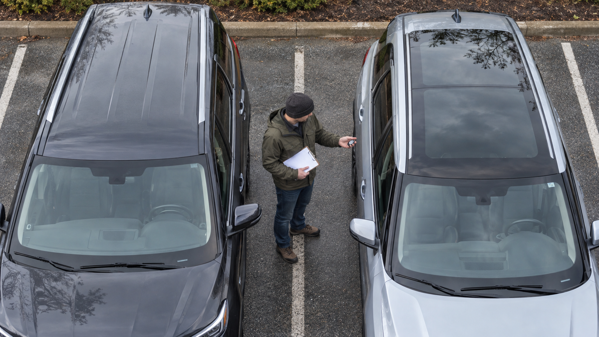 Traveler comparing the roof surfaces of two parked vehicles before transferring a removable mount