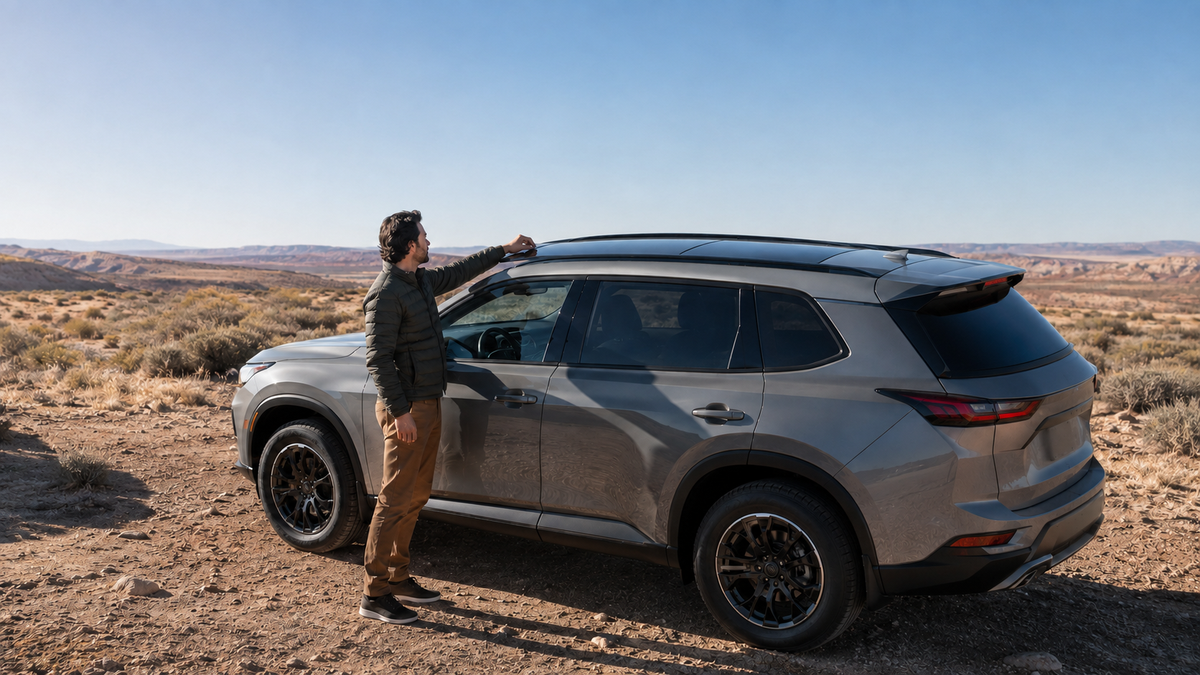 Traveler testing a vehicle roof surface beside a panoramic sunroof before choosing a removable mount