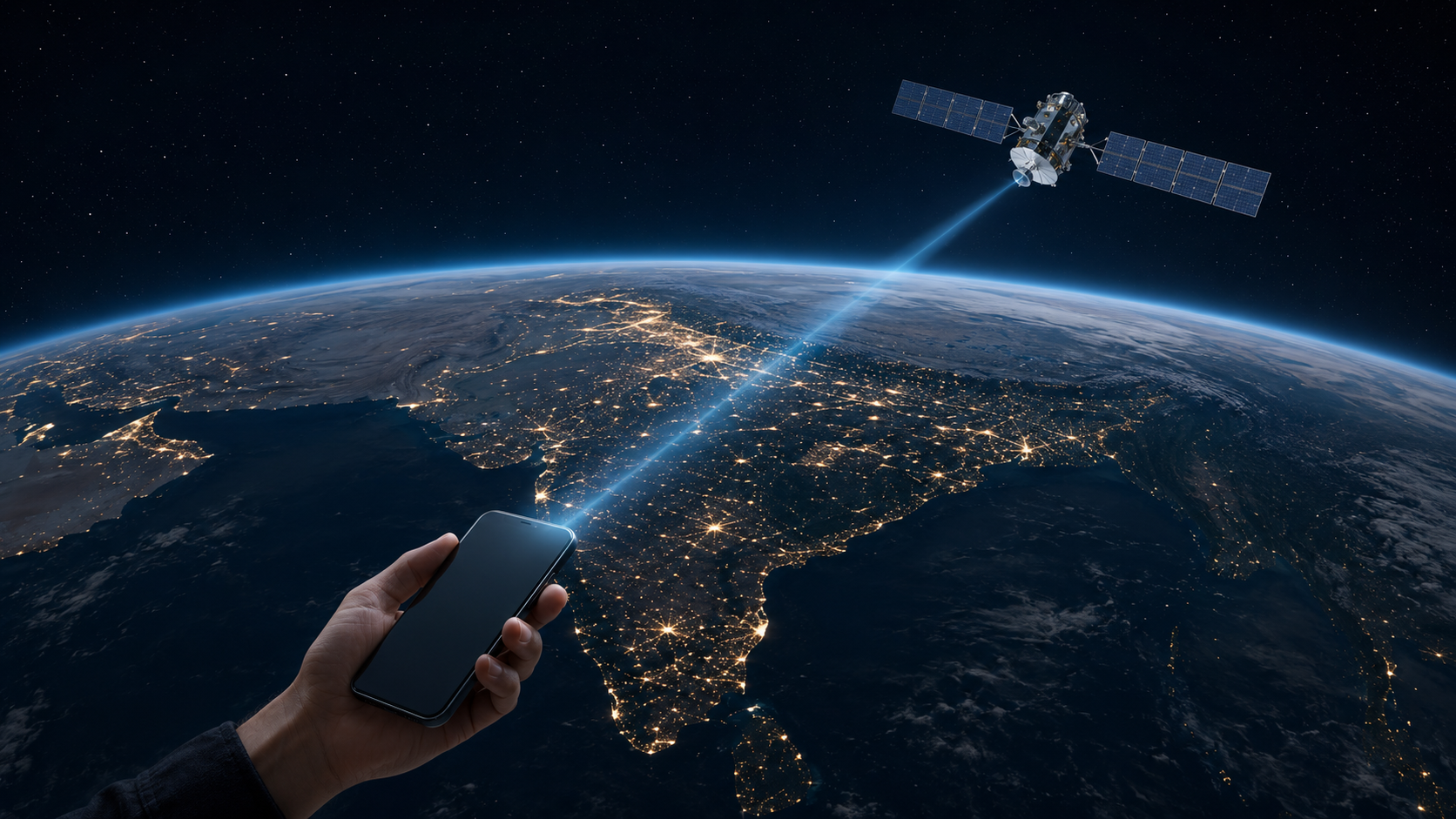 Low-Earth-orbit satellite providing Direct to Cell connectivity to a smartphone over India at night