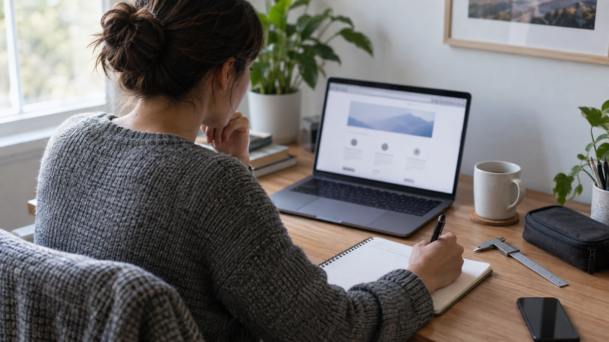 Person fact-checking a product release on a laptop at a desk