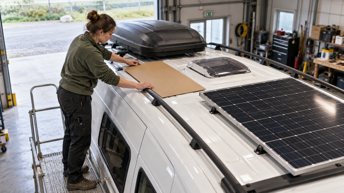 Traveler using a cardboard template to check clear space between roof equipment on a parked camper van