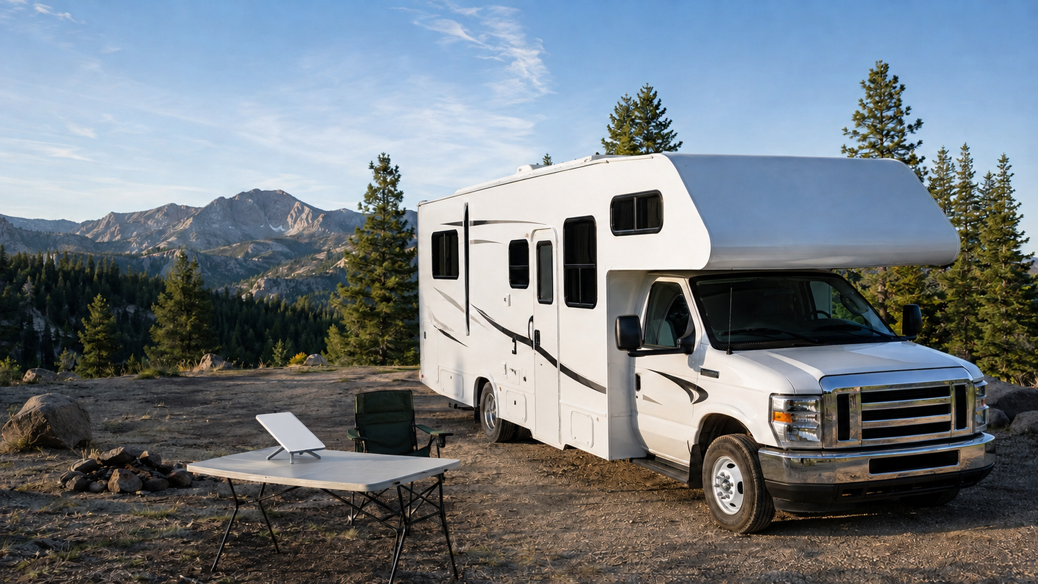 Portable satellite internet terminal deployed beside a parked fiberglass RV at a mountain campsite