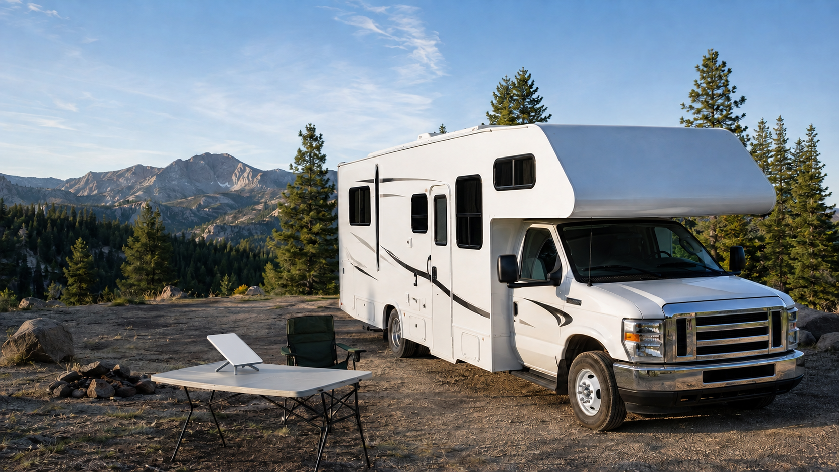 Portable satellite internet terminal deployed beside a parked fiberglass RV at a mountain campsite