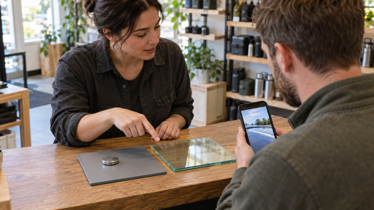 Retail staff member comparing a painted metal sample and a glass panel with a customer at a training counter