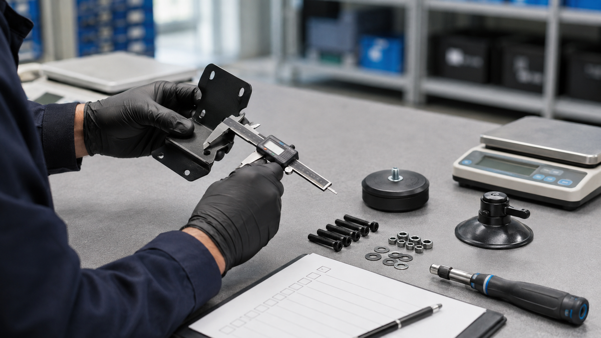 Quality inspector measuring unbranded mounting hardware beside magnetic and suction cup components on a factory QC bench
