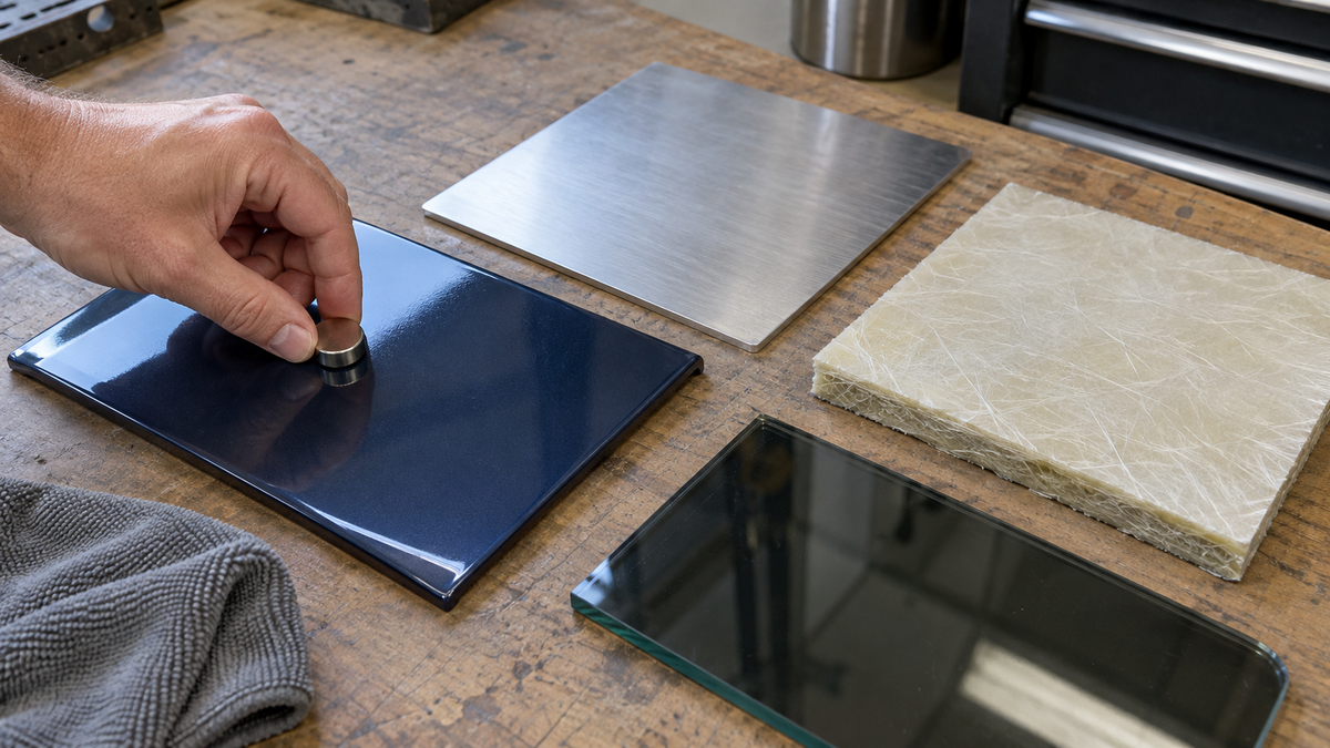 Hand testing a painted steel sample with a magnet beside aluminum, fiberglass and automotive glass samples