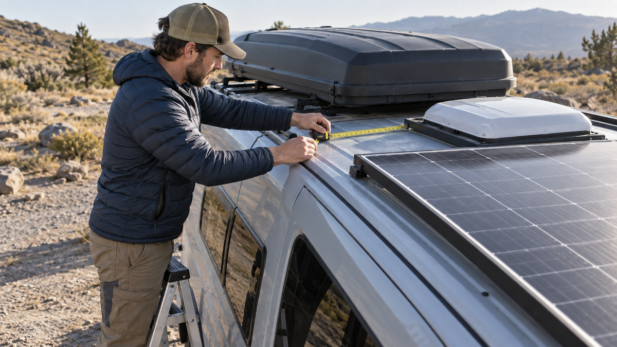 Traveler measuring clear roof space between a solar panel, roof vent and cargo box on a parked overlanding van