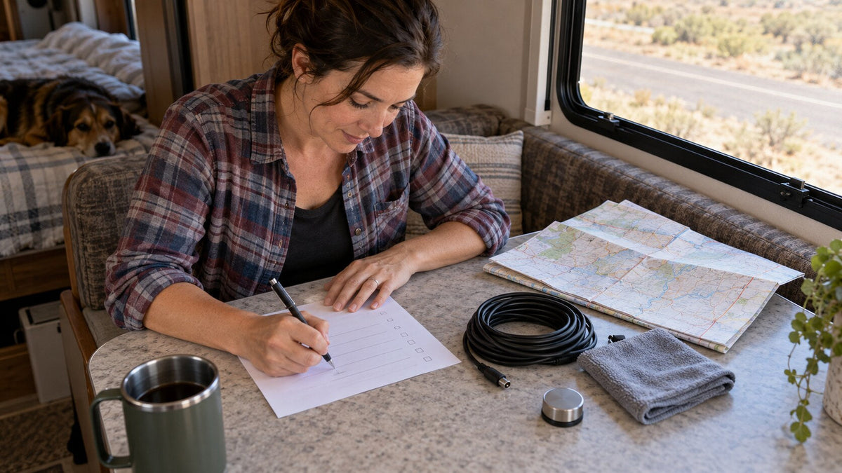 Traveler planning an RV connectivity setup with a checklist, coiled cable and surface-test magnet