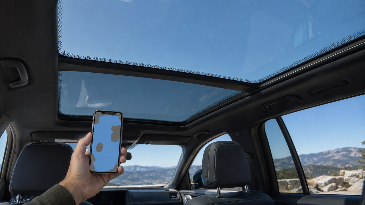 Person checking sky visibility with a smartphone beneath the panoramic glass roof of a parked SUV
