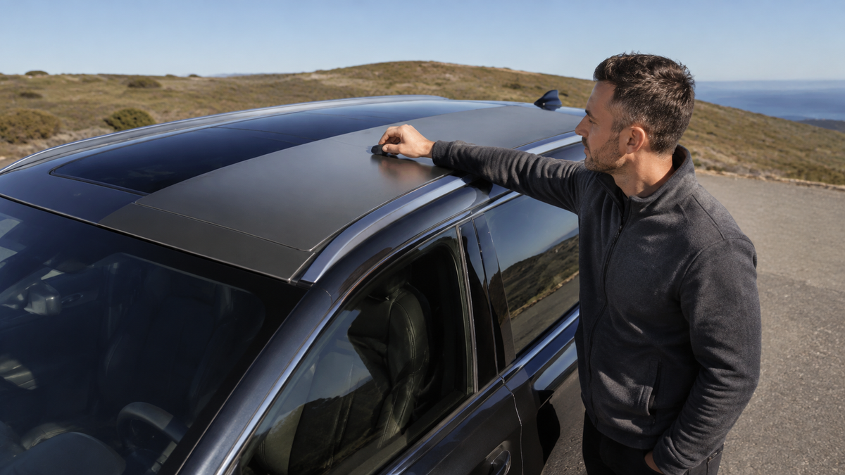 Person testing a vehicle’s painted metal roof with a magnet beside a panoramic glass sunroof