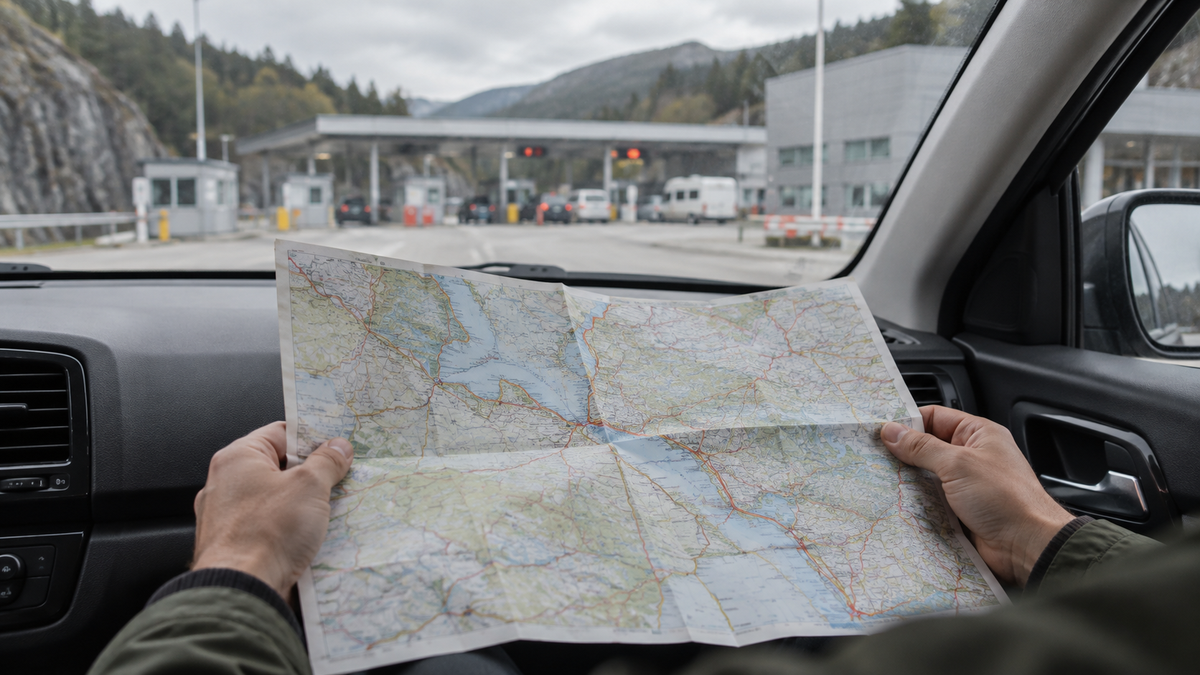 Traveler reviewing a cross-border route map inside a parked vehicle