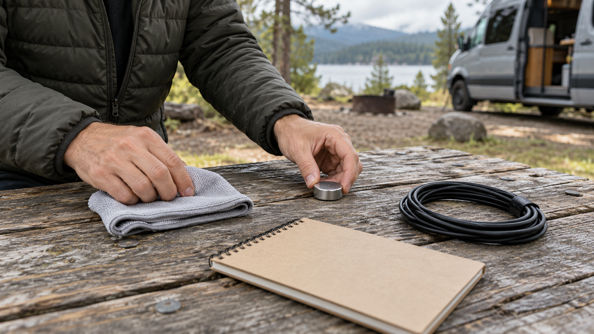 Camper organizing a household magnet, microfiber cloth and coiled cable on a picnic table before a weekend vehicle setup
